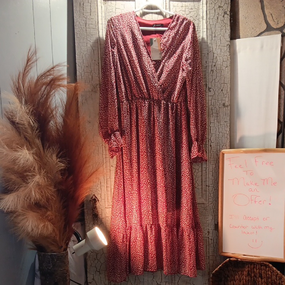Red Ruffled Long Sleeve V-Neck Dress